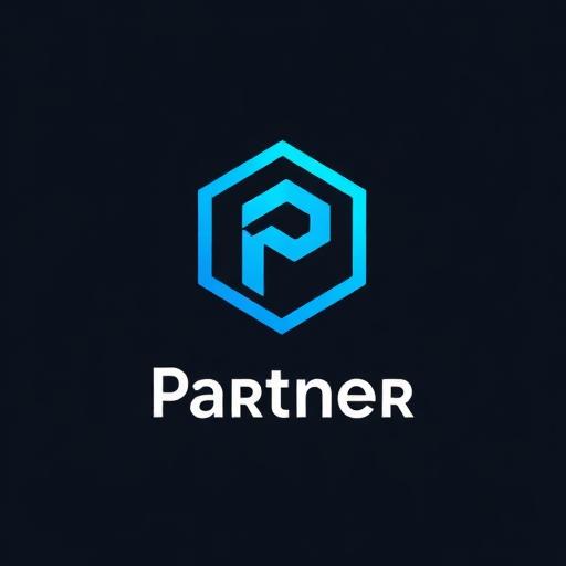 Stylized partner logo in cold blue-cyan tones. Abstract or minimalistic design. Can use geometric shapes or letters. Sizes: 150x80px.