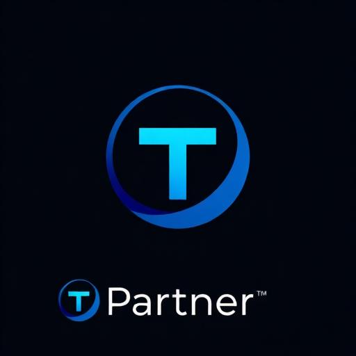 Stylized partner logo in cold blue-cyan tones. Abstract or minimalistic design. Can use geometric shapes or letters. Sizes: 150x80px.