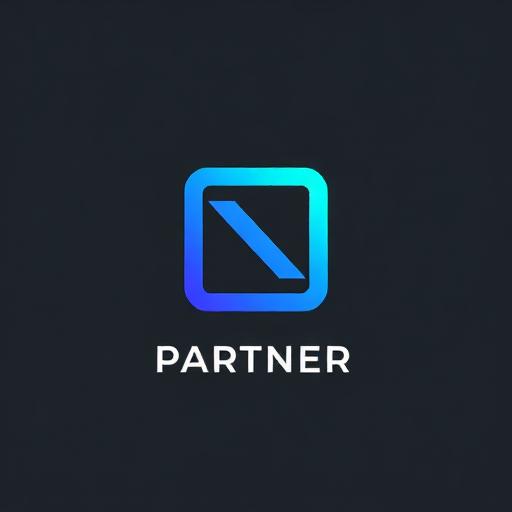 Stylized partner logo in cold blue-cyan tones. Abstract or minimalistic design. Can use geometric shapes or letters. Sizes: 150x80px.